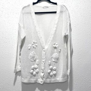 Express Tricot vintage white Floral Cardigan Sweater L